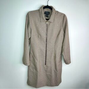 Nathalie Chaize Taupe Houndstooth Zip Up Long Sleeve Collared Dress Size 8